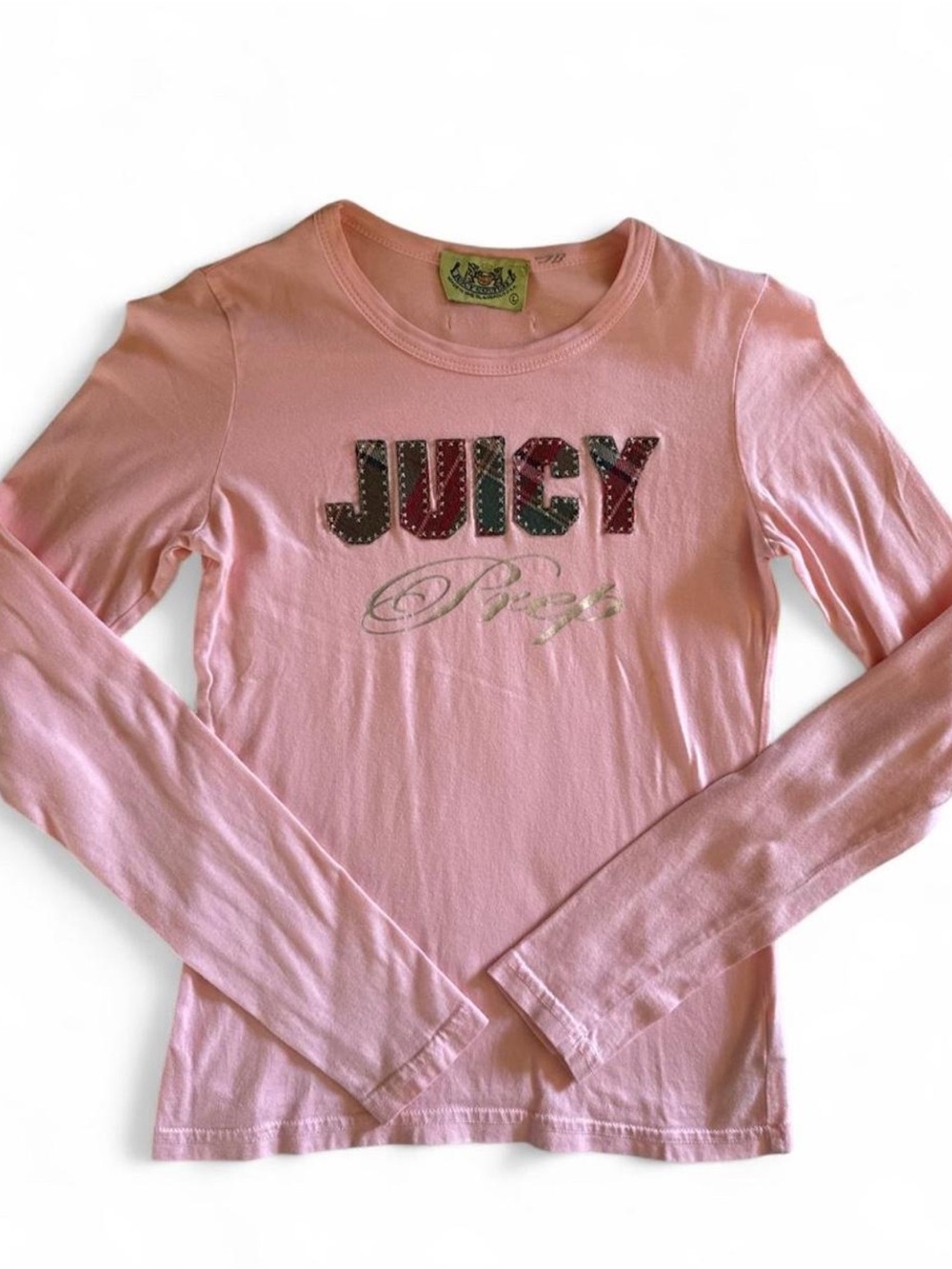 VINTAGE Y2K Juicy Couture Pink Plaid Prep Graphic Tee Long Sleeve Green Tag